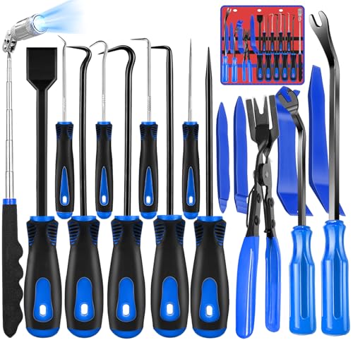 Keze 17 Pcs Hook and Pick Set Auto Trim Removal Tool Kit,Clip Plier Remover Tool Gasket Scraper Telescoping Magnetic Pickup Tool for Automotive Repair and Car Body Door Panel Fastener Removal - color: Blue-17 Hook and Pick Set
