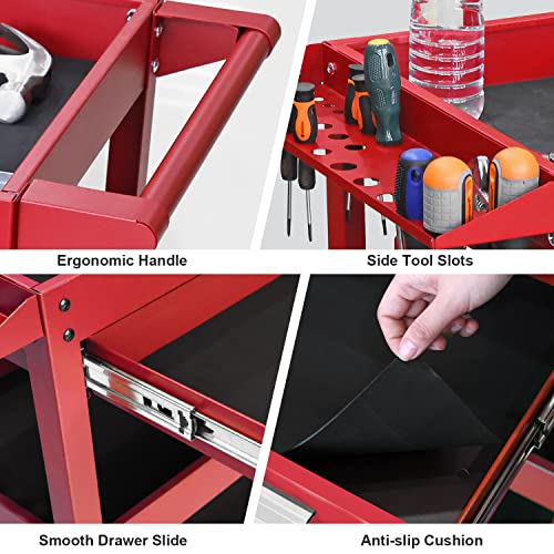 GSTANDARD APTB311R Torin Rolling Tool Cart with Drawer: 3 Layer Tool Oragnizer with Foam Pad and Heavy Duty Utility Cart with Four Swivel Casters, Red - color: Red, style: 3 Shelves with Drawer