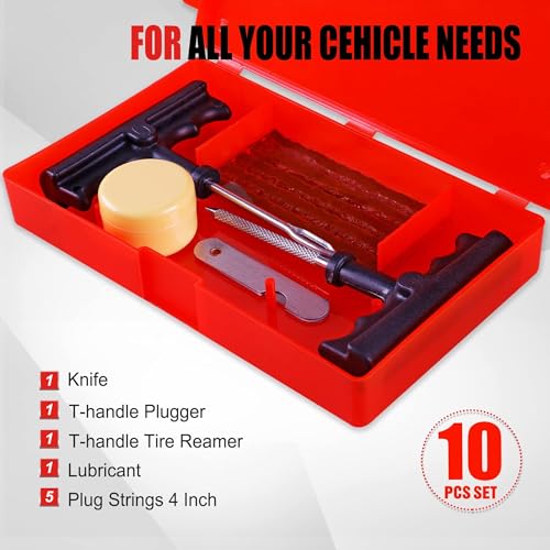 AWELCRAFT 10-Piece Economical Tire Repair Kit – Flat Tire Plug Kit with T-Handle Tools, Storage Case – Fix Punctures Fast, – Ideal for Car, Truck, Motorcycle, ATV - size: 10 Piece Repair Kit