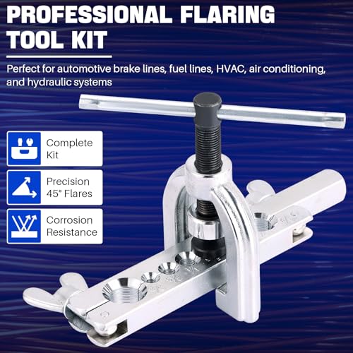 DASBET 11PCS Flaring Tool Kit 45° Single & Double Brake Line Flaring Tool | with 7 Adapters, Flare Tubing Flare Tool with Tube Cutter for Brake Line HVAC System