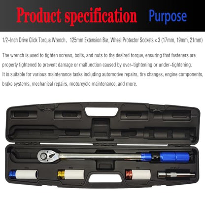 5 PCS 1/2 Inch Drive Click Torque Wrench, 20-210 Nm Dual-Direction Adjustable 72 Tooth Torque Wrench with 17, 19, 21mm Sockets for Car Engine Repair Suspension System Tire Bolt Tightening