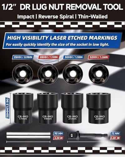 Lug Nut Removal Tool, 6-Piece 1/2-inch Drive Impact Twist Socket Set, Easy Out Stripped, Rounded, Damaged Bolts & Studs, PTM03006 - size: 6-Piece