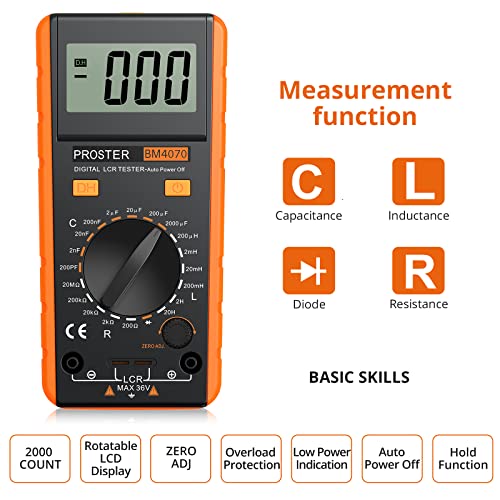 Proster LCR Meter - Capacitance Resistance Inductance Digital LCR Multimeter with LCD Over-Range Display - color: Yellow