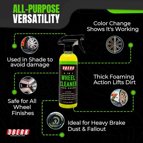 Oberk 2-in-1 Wheel Cleaner & Iron Remover – pH Neutral Iron Decon Spray for Car Detailing – Safe on Painted, Chrome, Aluminum, Powder-Coated Wheels (2 in1 Wheel Cleaner 16 oz) - size: 2 in1 Wheel Cleaner 16 oz