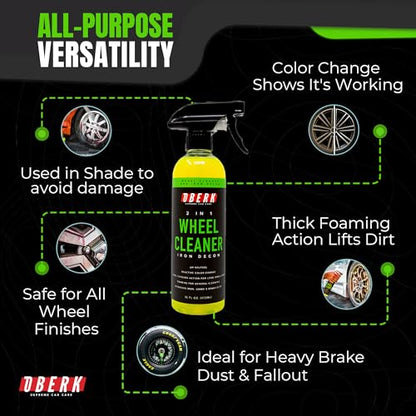 Oberk 2-in-1 Wheel Cleaner & Iron Remover – pH Neutral Iron Decon Spray for Car Detailing – Safe on Painted, Chrome, Aluminum, Powder-Coated Wheels (2 in1 Wheel Cleaner 16 oz) - size: 2 in1 Wheel Cleaner 16 oz