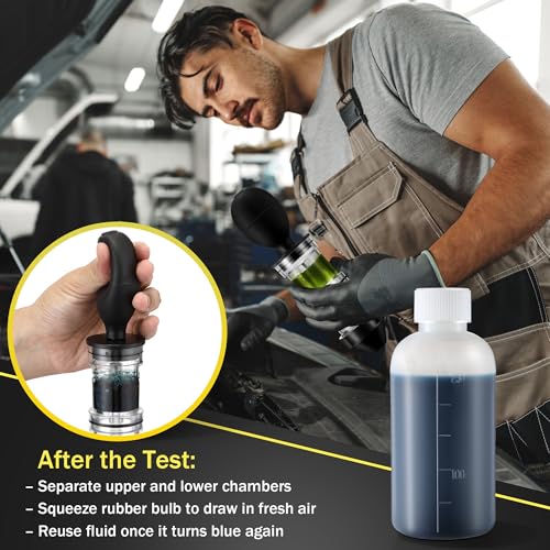 Enhon Head Gasket Tester Combustion Leak Test Kit with 8.5oz Testing Fluid | Universal Radiator Adapter, Dual-Chamber Tester Kit for Head Gasket, Gas/Diesel Engine, Car Truck Combustion Leak Check