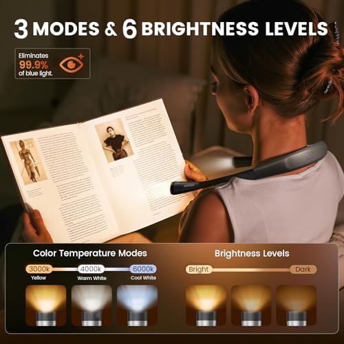 Glocusent Book Light, 3-Color & 6-Brightness Reading Light, Bendable Neck Light, 80-hr Lasting Rechargeable Book Light, Perfect Reading Lights for Books in Bed, Knitting, Repairing, Book Lovers Gifts | Neck light for bed, camping, knitting; 6 brightness,