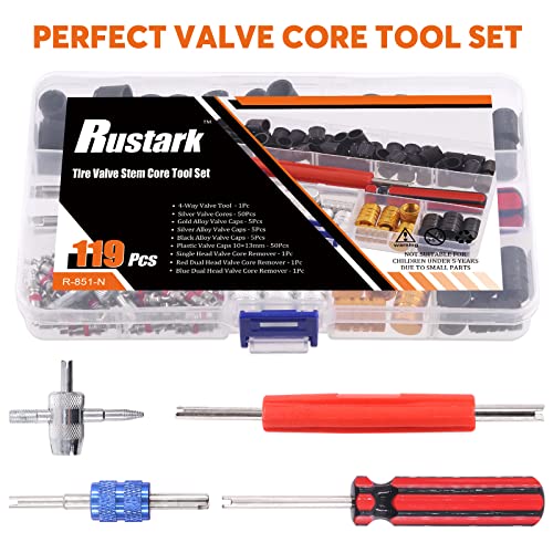 119Pcs Valve Core Remover Tools with Aluminum Tire Valve Stem Caps, Valve Core, Dual Single Head Valve Core Remover and 4-Way Valve Tool Kit for Automotive Truck Motorcycle Bicycle