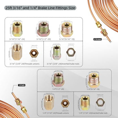 Wostore 25FT 3/16"+1/4" Brake Line Kit, Flaring Tool, Bender & 44 Fittings | Flaring tool, tube bender, 44 brass fittings. Copper-coated, rust-resistant. 3/16 & 1/4 lines for cars, trucks, motorcycles - size: Double flare kit with 3/16"&1/4" Brake Line