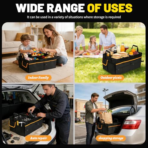 95L Car Trunk Organizer with 2 Tie-Down Straps&2 Removable Dividers|Foldable Cover,Multi-Compartment Collapsible Storage Box for SUV&Sedan&Truck|Non-Slip Bottom,3mm Durable PE Board Construction
