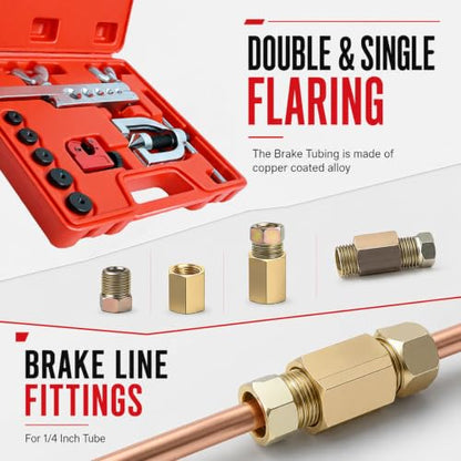Joyzeal 25ft 3/16" Copper Brake Line Kit, 16 Fittings & Flaring Tool | Corrosion Resistant, Hand-Bendable, 4 Unions, Double & Single Flare, Fits Most Cars Trucks SUVs - size: 3/16''