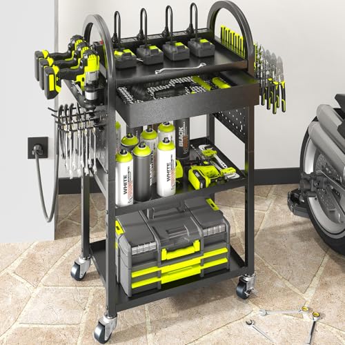 KAFAHOM Power Tool Cart with Charging Station, Rolling Cart with Drawer, Heavy Duty Power Tool Organizer with 360 Silent Wheels, Storage for Garage, Warehouse & Repair Shop - color: Black-with Drawer and Power