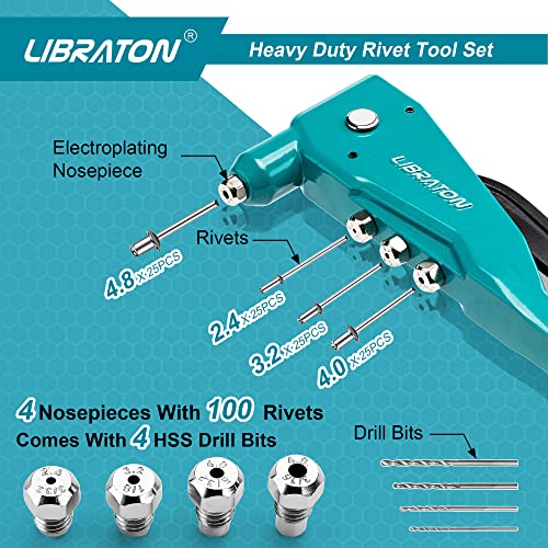 Libraton Heavy Duty Rivet Gun, Pop Rivet Gun Set, Professional Hand Riveter, Manual Riveting Tool with 110Pcs Rivets and 4 Interchangeable Heads, for Metal, Wood and Plastic - size: Heavy-duty Rivet Gun