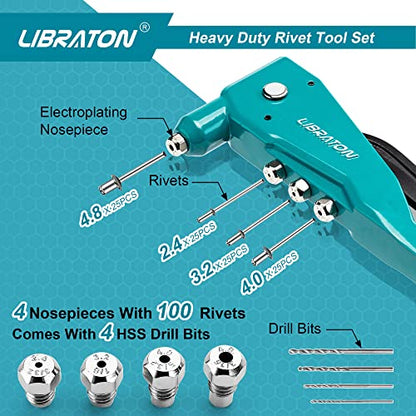 Libraton Heavy Duty Rivet Gun, Pop Rivet Gun Set, Professional Hand Riveter, Manual Riveting Tool with 110Pcs Rivets and 4 Interchangeable Heads, for Metal, Wood and Plastic - size: Heavy-duty Rivet Gun