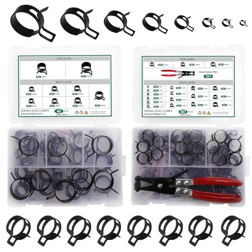 227pcs 6-38mm Spring Band Hose Clamp Assortment Kit with Swivel Flat Band Fuel Hose Clamp Plier,28 Sizes Spring Hose Clip Fuel Line Silicone Vacuum Hose Pipe Clamp, Air Hose Tube Water Pipe Fasteners