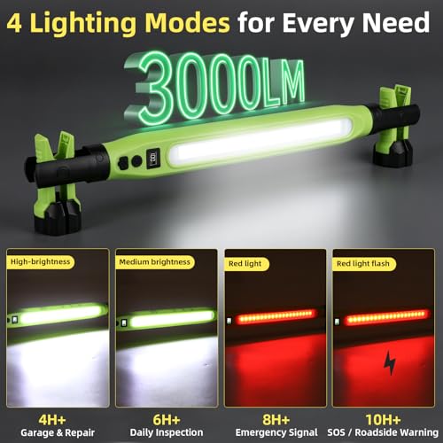 2 Pack Rechargeable LED Work Light, 3000LM Portable Mechanic Light with Magnetic Base, Hanging Hooks & Clamps, 4 Modes Under Hood Work Light with Red SOS for Car Repair, Garage