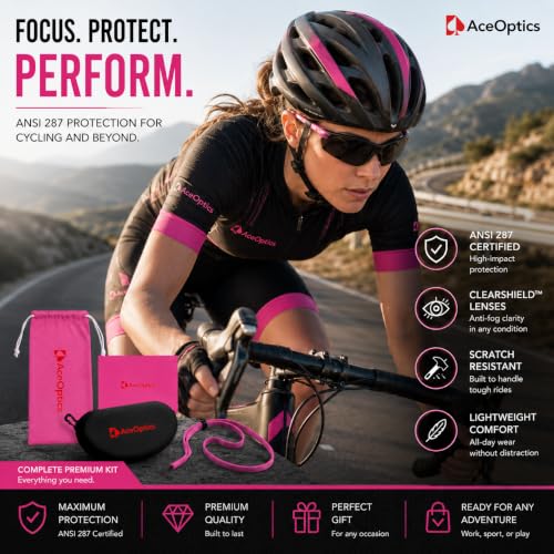 Safety Glasses – ANSI Z87 Certified, 5X Anti-Fog ClearShield™ Lenses with Premium Hard Case & Accessory Bundle - color: Pink & White / Tinted