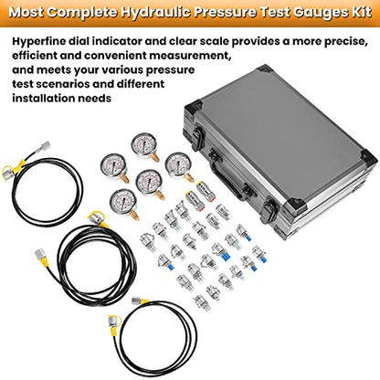 60P Hydraulic Pressure Test Kit with 5 Gauges 24 Couplings 3 Test Hoses for Excavator Construction Machinery 10/60/160/400/600Bar 150/900/2300/6000/9000PSI Hydraulic Test Gauge Kit with Carrying Case - style: 5 Gauges 24 Test Couplings