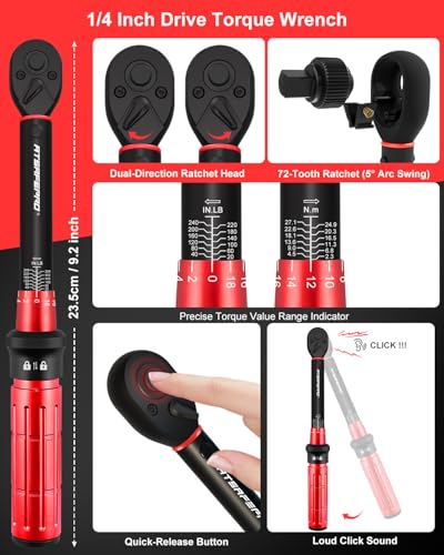 ATsafepro Bike Torque Wrench Set, 1/4 Torque Wrench 20-240 inch-pounds with ±3% Accuracy, 72T Dual Ratchet, Tire Pressure Gauge, Valve Core Tool, Bit Socket Set, for Bicycle & Car Maintenance