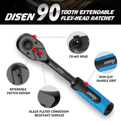 DISEN 3PCS Black Ratchet Set (1/2", 3/8", 1/4" Drive) - 90-Tooth Drive Ratchet Socket Wrench Reversible with Non-slip Rubber Grip, Quick Release & EVA Tray - Professional Ratchet Wrench Handle Kit - size: 3 pieces Standard Ratchet Set - Soft Handle