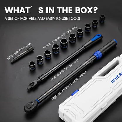 13PCS 1/2-Inch Drive Click Torque Wrench Set (30-300 ft-lb / 40.7-406.8 Nm), Tire Change Kit with 1/2" Breaker Bar, 5" Extension & 10 Metric/SAE Sockets for Auto, Truck & Lug Nut Repair - size: 1/2" DR. 13PCS『30-300 FT.LB & Breaker Bar』