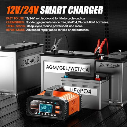 Car Battery Charger 20A 12V/24V Adjustable Current 0.5A-20A LiFePO4 Lead Acid Fully Automatic Battery Maintainer, Smart Trickle Charger with Pulse Repair, Winter Mode, for AGM Gel Deep Cycle Batteries
