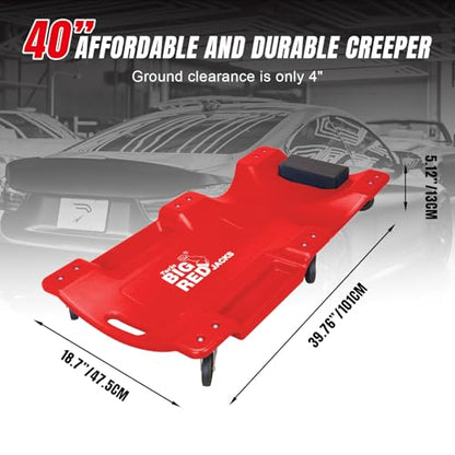 Big RED Torin Blow Molded Plastic Rolling Garage/Shop Creeper: 40" Mechanic Cart with Padded Headrest, Dual Tool Trays and 6 Casters, Red - style: Plastic Creeper