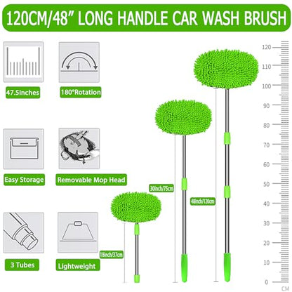 WillingHeart 47.5" Car Wash Brush Mop Cleaning Tool with Long Handle Kit for Washing Detailing Cars Truck, SUV, RV, Trailer, Boat 2 in 1 Chenille Microfiber Sponge Duster Not Hurt Paint Scratch Free - color: Green