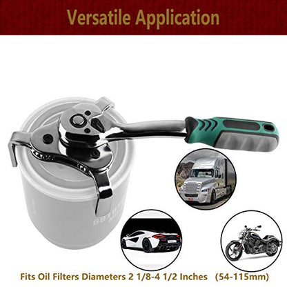 Moker Universal 3-Jaw Adjustable Oil Filter Wrench, 2-1/8 to 4-1/2 Inches | Quick Release Ratchet, Oil Filter Change Set, Ideal for Engine Filters