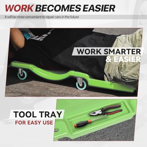 Mechanic Creeper, 36 Inch Low Profile Under Car Rolling Creeper with Padded Headrest and Tool Trays, 300 LBS Capacity, Ergonomic Body Design, Green