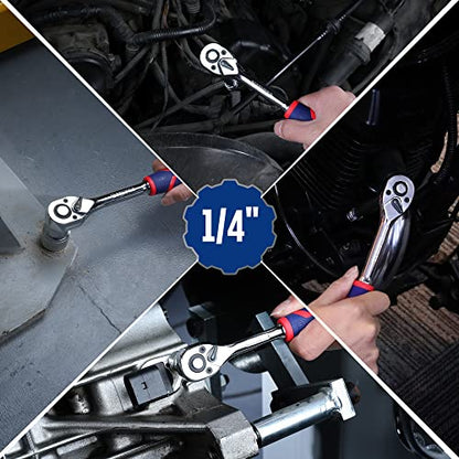 WORKPRO 1/4" Drive Ratchet Wrench, 72-Tooth Reversible | Quick-Release, CR-MO Head, Chrome Plated Finish, Ergonomic Non-Slip Handle - size: 1/4"