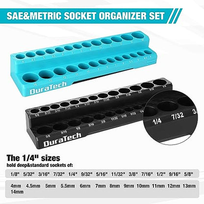 DURATECH Magnetic Socket Organizer Set, 1/4" SAE & Metric Socket Holders | Socket Trays, Tool Box, Tool Cart Organizer, Standard & Deep Sockets Organizer, Carbon Fiber, Prevent Scratching, 52-holder - size: 2pc 1/4" Metric&SAE