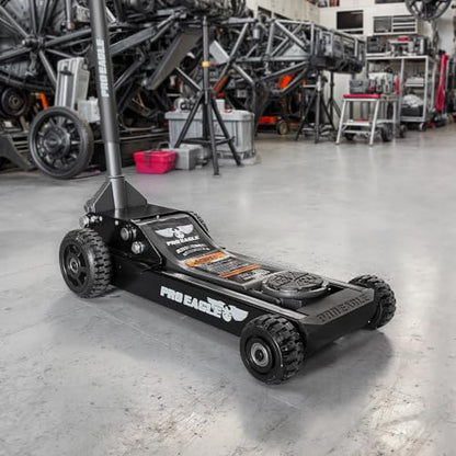Pro Eagle 3 Ton Abrams Off Road Shop Jack - Heavy Duty Steel Hydraulic Garage Floor Jack with Big Wheels - Low Profile for Cars, Trucks & SUVs - Mechanic Jack for Gravel & Dirt