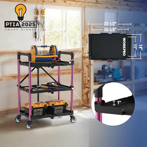 WORKPRO 3-Tier Collapsible Utility Cart, 210 LBS Cart with Wheels | No Assembly Required, Foldable Service Cart with Spacious Shelves for Garage, Warehouse, Office & Home Use, Black/Pink - color: Black/Glossy Pink