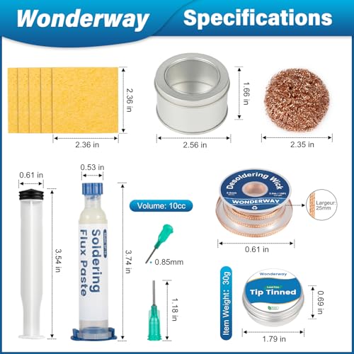 Tip Cleaning Kit, Solder Wick, Solder Iron Tip, Brass Cleaning Wire,Soldering Tip Cleaner, Cleaning Sponge & Solder Flux, Supplied By Wonderway (SWK-001) - color: Swk-001