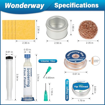Tip Cleaning Kit, Solder Wick, Solder Iron Tip, Brass Cleaning Wire,Soldering Tip Cleaner, Cleaning Sponge & Solder Flux, Supplied By Wonderway (SWK-001) - color: Swk-001