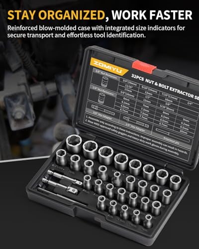 Bolt Extractor Kit, 32 Piece Easy Out Lug Nut Removal Tool, 1/4" & 3/8" Drives Damaged Bolt Extractor Socket Set for Stripped, Broken, Rusted, Rounded Fasteners - size: 32Pcs