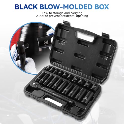 Reniteco 21-Piece 3/8" Drive Socket Set, SAE (5/16"- 7/8"), Deep and Shallow Sockets, 72-Tooth Ratchet Wrench, 6 Point Design, Cr-V - size: 3/8" 21 PCS SAE