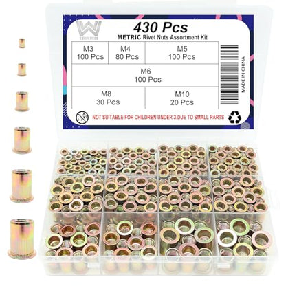 430 Pcs Metric Rivet Nut Kit, M3 M4 M5 M6 M8 M10 | Zinc-Plated Carbon Steel, M3-0.5 M4-0.7 M5-0.8 M6-1.0 M8-1.25 M10-1.5 - size: Metric Kit (430 Pcs)
