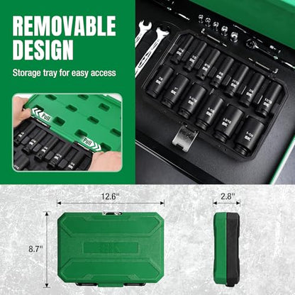 SK 1/2" Drive Impact Socket Set, Deep SAE Sockets, 13-Piece 7/16" to 1-1/4", Premium CR-MO Steel, SureGrip 6 Point Design, With Storage Case - size: SAE