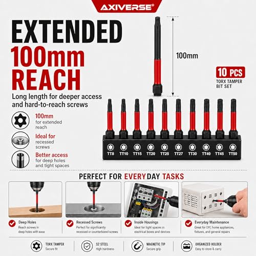10PCS Security Torx Bit Set TT6-TT40, 4-Inch for Impact Drivers | TT6-TT40 Tamper-Resistant Star Bits, 4 in Long, Magnetic Tips, 1/4 in Hex Shank, Impact-Ready Alloy Steel, Clear Case - size: 4 in