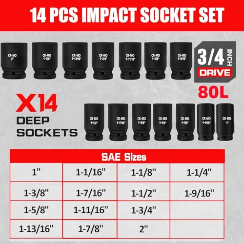 TONYNOL 3/4 Inch Drive Deep Impact Socket Set,6-Point,SAE Sizes(1“-2”),14 PCS,Cr-Mo Steel,Heavy Duty Impact Sockets for Automotive & Industrial Machinery,With a Storage Case - style: 3/4" Drive SAE Sizes(1"-2")
