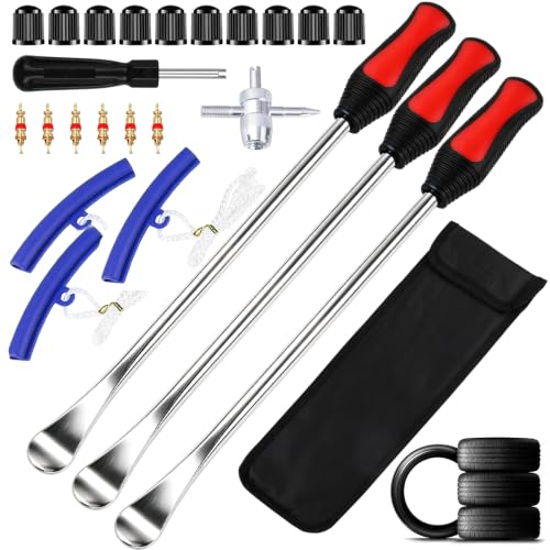 14.5"/37cm Tire Spoons Motorcycle, Dirt Bike Tire Spoon Set, Professional Tire Changing Spoons Lever Iron Tool Kit with 3 Rim Protectors & Valve Core Set