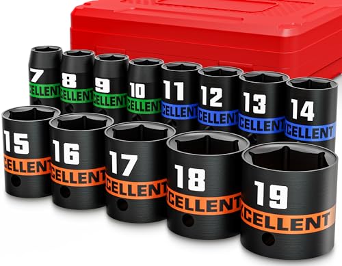 13 Pieces 3/8-Inch Drive Impact Socket Set, 7-19mm Shallow Socket, 6 Point Metric Sockets for Automotive Repair, Equipment Maintenance - size: 3/8 Inch Metric