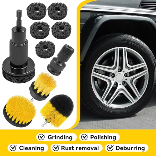 Wheel Hub Resurfacing Kit – Wheel Stud and Hub Cleaner for Quick Rust Removal on Lug Studs & Brake Rotors, Includes 5 Cleaning Pads + 3 Brushes (2", 3.5", 4"), Fits 1/2" Wrenches or Electric Drills