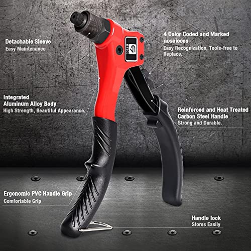 Rivet Gun, GIANTISAN Pop Rivet Tool Kit with 200 Rivets and 4 Drill Bits, Manual Hand Riveter Kit with Rugged Carrying Case