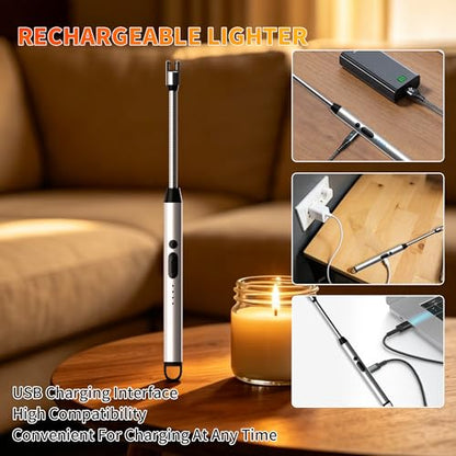 2 Pack Rechargeable Type C Electric Lighters, Flameless and Windproof Candle Lighters with Plasma Arc, 360° Long Reach Flexible Neck & LED Power Display for Candles, BBQ Grill &Camping(Silver) | Flameless, Windproof, Plasma Arc, 360° Long Reach Flexible N