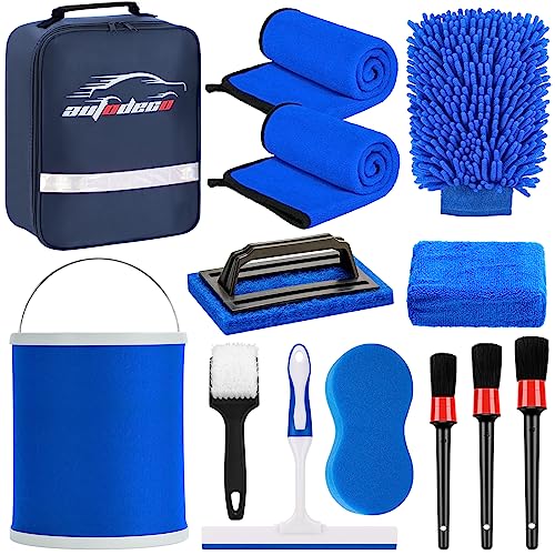 12Pcs Boat Wash Cleaning Kit with Collapsible Bucket Wash Sponge Mitt Microfiber Towel Squeegee Scrub Pads Brushes Complete Interior Exterior Cleaning Set for Boat
