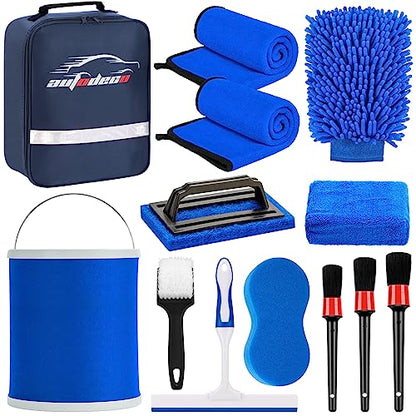 12Pcs Boat Wash Cleaning Kit with Collapsible Bucket Wash Sponge Mitt Microfiber Towel Squeegee Scrub Pads Brushes Complete Interior Exterior Cleaning Set for Boat