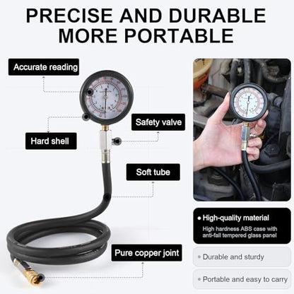 Oil Pressure Tester Kit, 0–140 PSI Engine Oil Pressure Gauge with Hose & Brass Adapters, Automotive Diagnostic Tool for Cars, Motorcycles, Small Diesel Engines, with Storage Case (red)